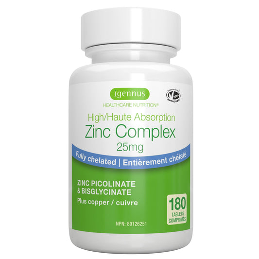Igennus Zinc 25mg with Copper, Dual-Form Zinc Picolinate & Bisglycinate Complex, Clean Label & High Absorption, 180 Tablets (6 Month Supply), Immune, Skin and Cellular Health Support, Non-GMO, Vegan - Available at All In One Marketplace Canada