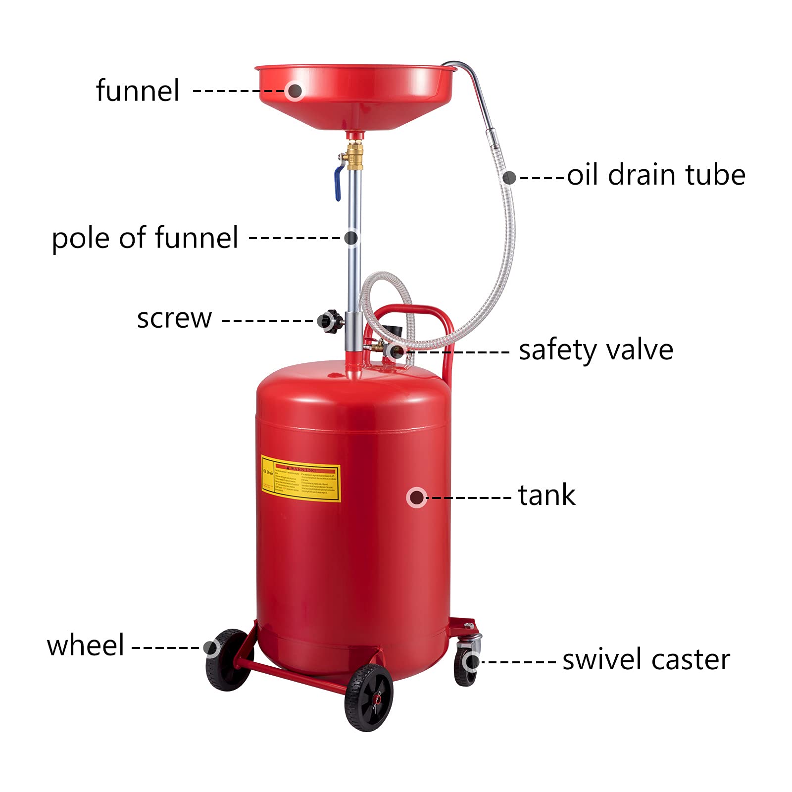 VEVOR Waste Oil Drain Tank 20 Gallon Portable Oil Drain Air Operated Drainer Oil Change, Oil Drain Container, Fluid Fuel Transfer Drainage Adjustable Funnel Height, with Wheel For Easy Oil Removal VEVOR
