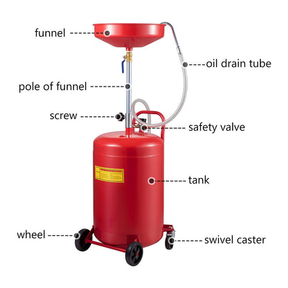 VEVOR Waste Oil Drain Tank 20 Gallon Portable Oil Drain Air Operated Drainer Oil Change, Oil Drain Container, Fluid Fuel Transfer Drainage Adjustable Funnel Height, with Wheel For Easy Oil Removal VEVOR