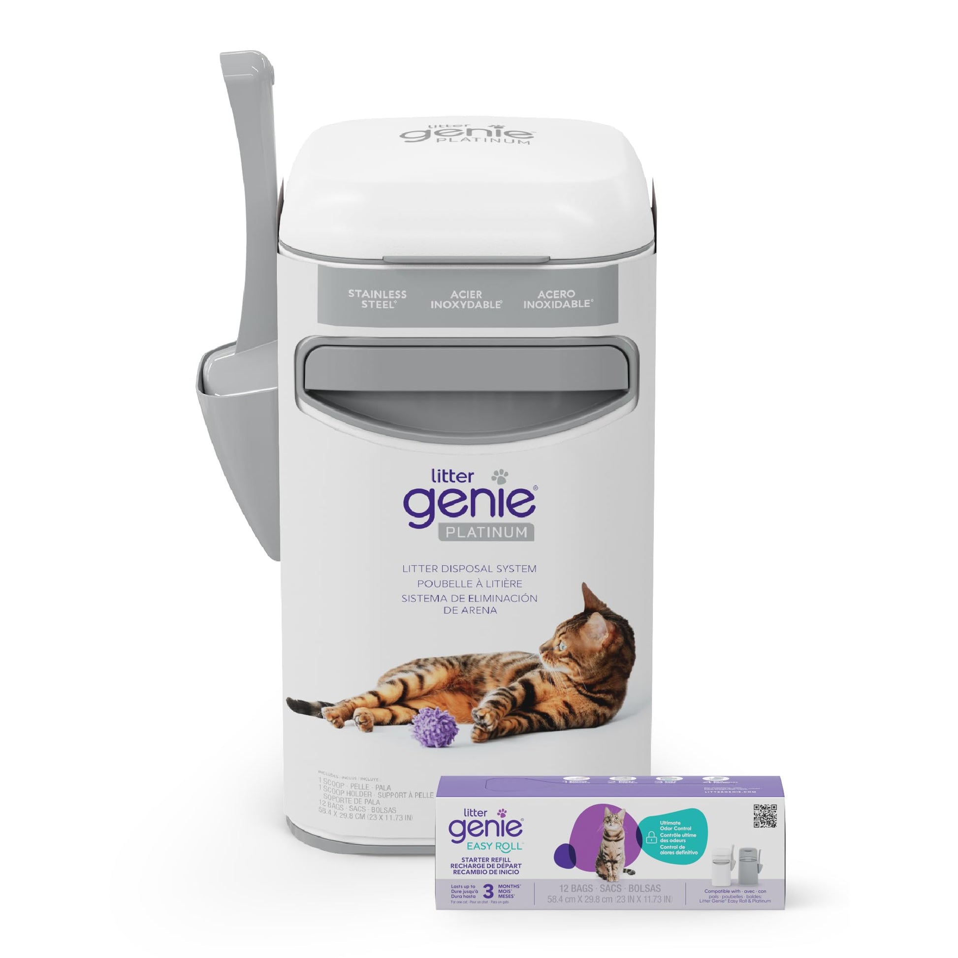 Litter Genie Platinum Stainless Steel Pail with Easy Roll Refill, 12 Bags Litter Genie