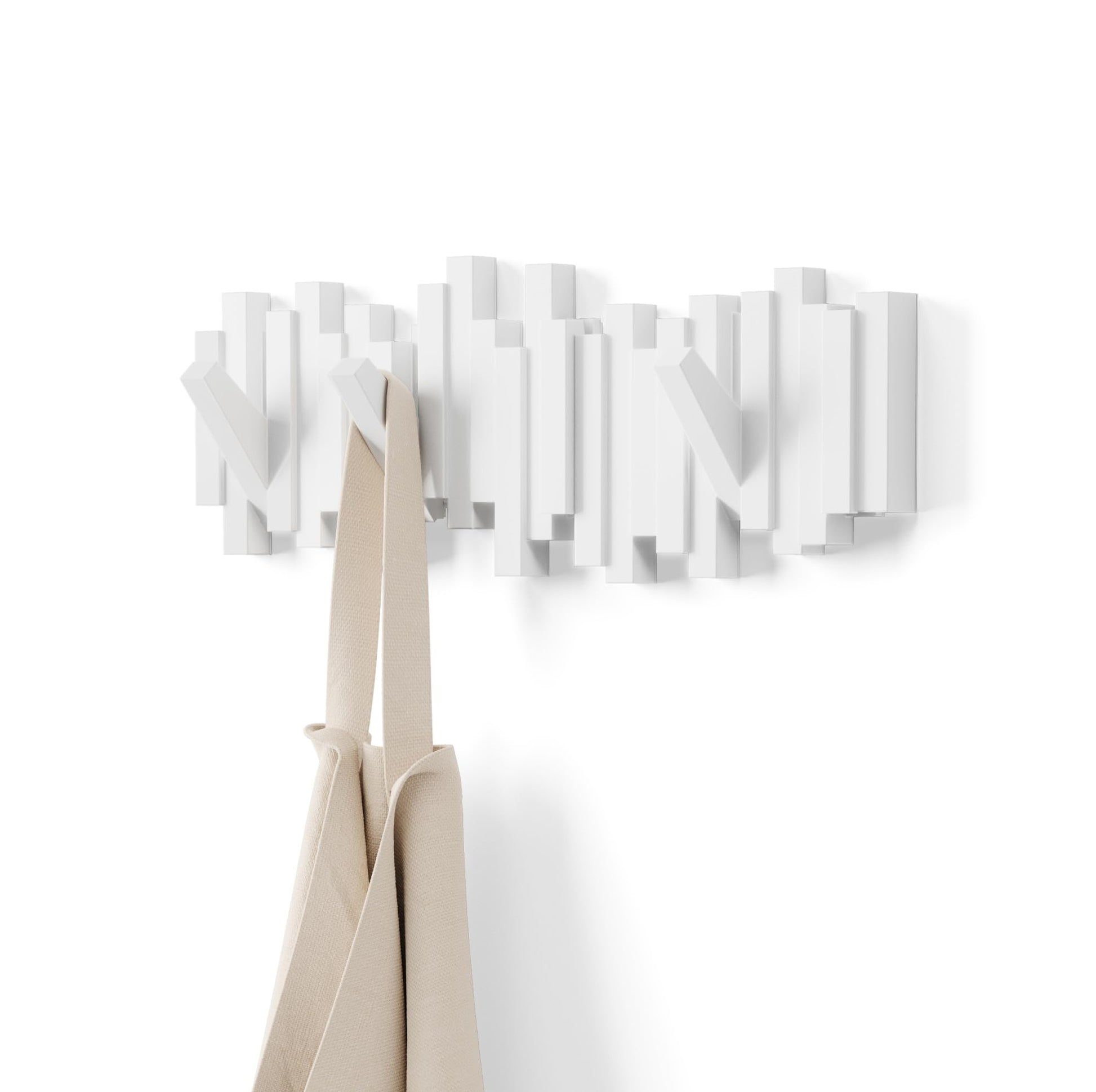 Umbra Sticks Wall-Mounted Coat Rack Rail Hook with 5 Retractable Pegs – Modern, Space-Saving Storage Organizer, White Umbra