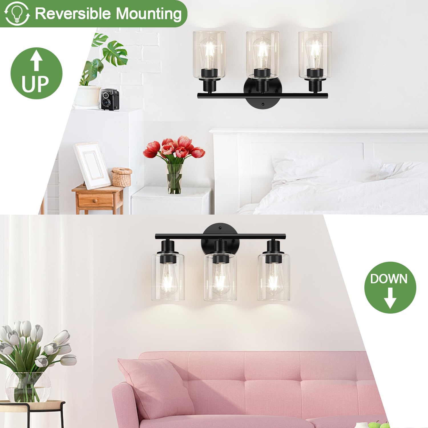 3-Light Bathroom Light Fixtures, Black Bathroom Wall Lights, Modern Bathroom Vanity Light with Clear Glass Shade, Bathroom Wall Lamp for Mirror Kitchen Bedroom Living Room