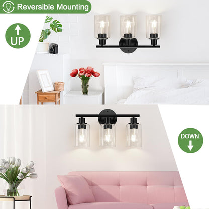 3-Light Bathroom Light Fixtures, Black Bathroom Wall Lights, Modern Bathroom Vanity Light with Clear Glass Shade, Bathroom Wall Lamp for Mirror Kitchen Bedroom Living Room