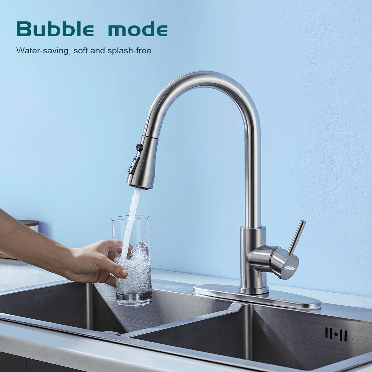HUAAKE Kitchen Faucet with Pull Down Sprayer, Multi-Function Stainless Steel Single Handle High Arc Kitchen Sink Faucet, 360° Swivel Modern Commercial Kitchen tap with Deck Plate
