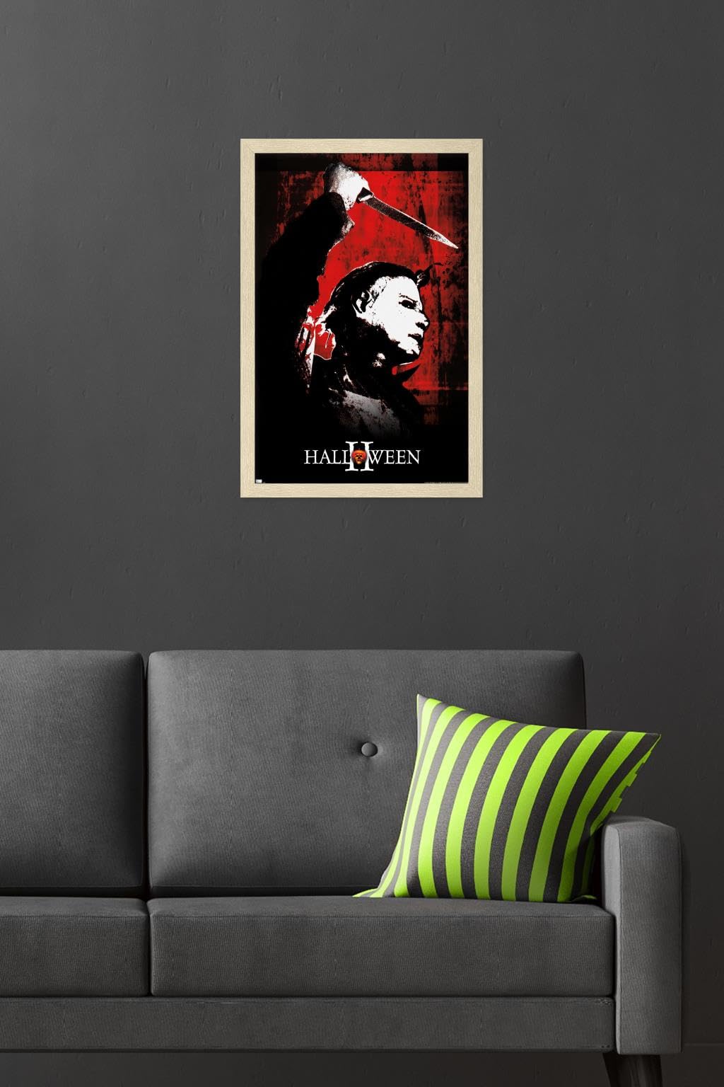 Halloween II - Affiche Murale Rouge, 56,9 cm L x 37,3 cm l, Version avec Cadre Blond