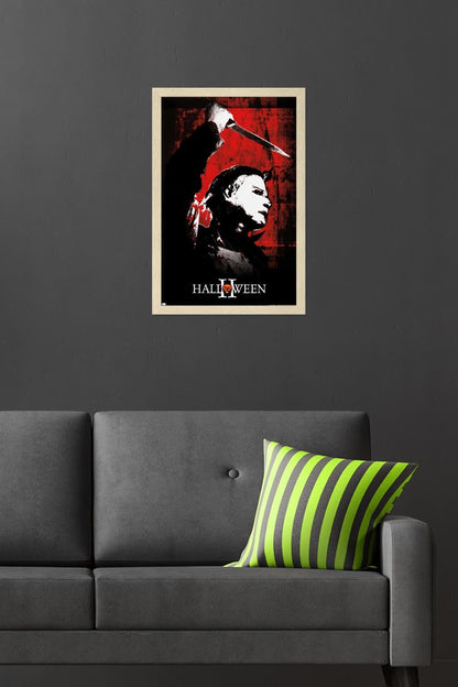 Halloween II - Affiche Murale Rouge, 56,9 cm L x 37,3 cm l, Version avec Cadre Blond