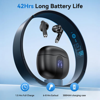 Wireless Earbuds, Bluetooth 5.4 Bass Stereo Headphones with 4 ENC Mic, 50H Playback Ear Buds with Charging Case LED Display,Sport Earphones IPX7 Waterproof for Phone, Android, Pad, DeepBlack