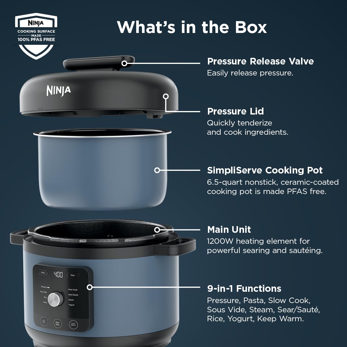 Ninja HyperHeat 6.5-Qt 9-in-1 Pressure Cooker with SimpliServe Pot, 1200-Watt Heating Element, HyperHeat Technology, Family-Sized Capacity, PFAS-Free Nonstick, PC201C (Canadian Version)