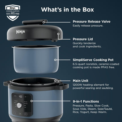 Ninja HyperHeat 6.5-Qt 9-in-1 Pressure Cooker with SimpliServe Pot, 1200-Watt Heating Element, HyperHeat Technology, Family-Sized Capacity, PFAS-Free Nonstick, PC201C (Canadian Version)