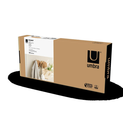 Umbra Picket Coat Rack Wall Mount – 5 Flip-Down Wood Coat Hooks, Modern & Functional Storage, Easy Install Wall Hooks, Natural Umbra