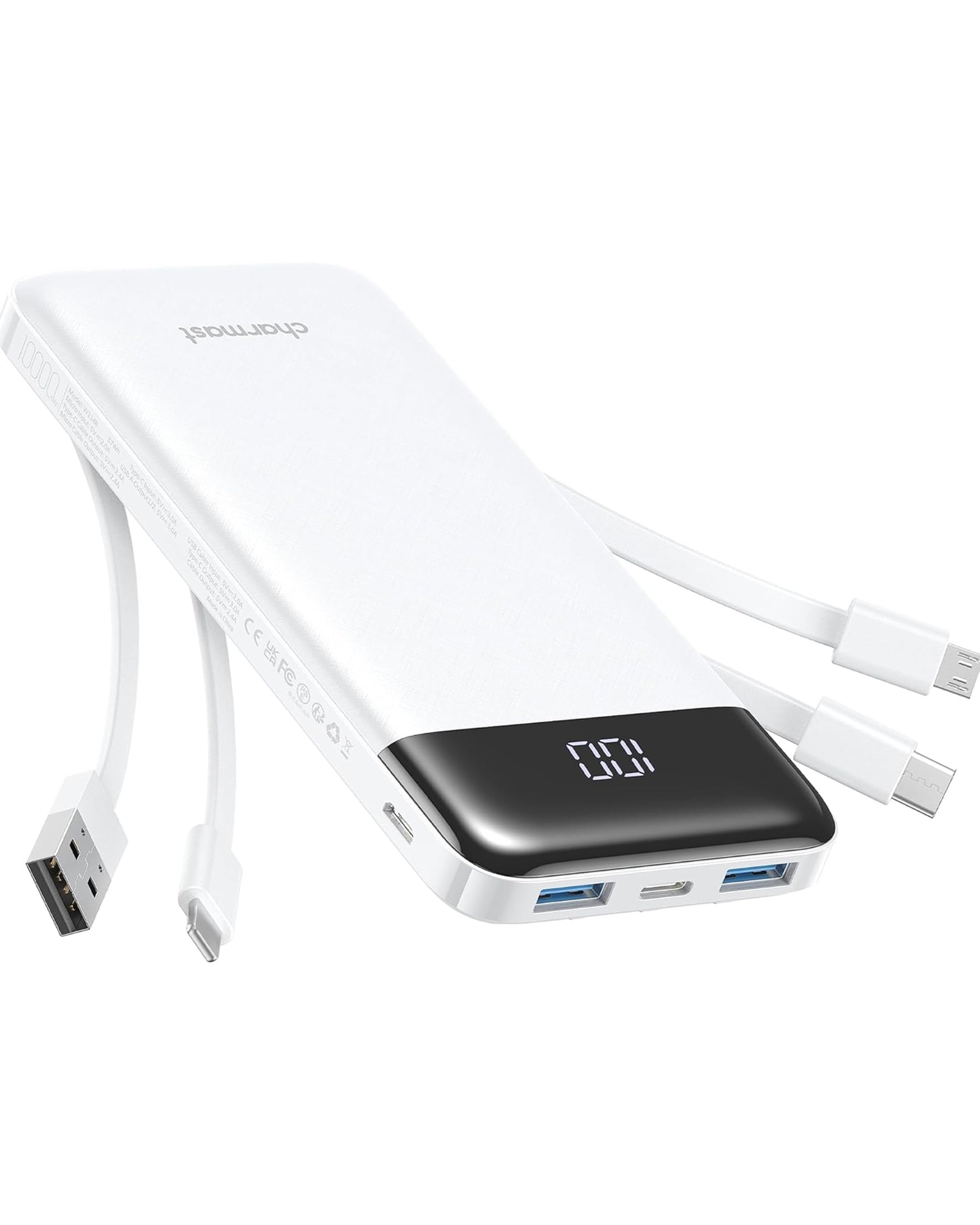 Charmast Portable Charger with Built in Cables, Power Bank with Cords Wires, Slim 10000mAh Travel Battery Pack 6 Outputs 3 Inputs 3A Fast Charging for Samsung Google Pixel LG Moto iPhone iPad - Available at All In One Marketplace Canada