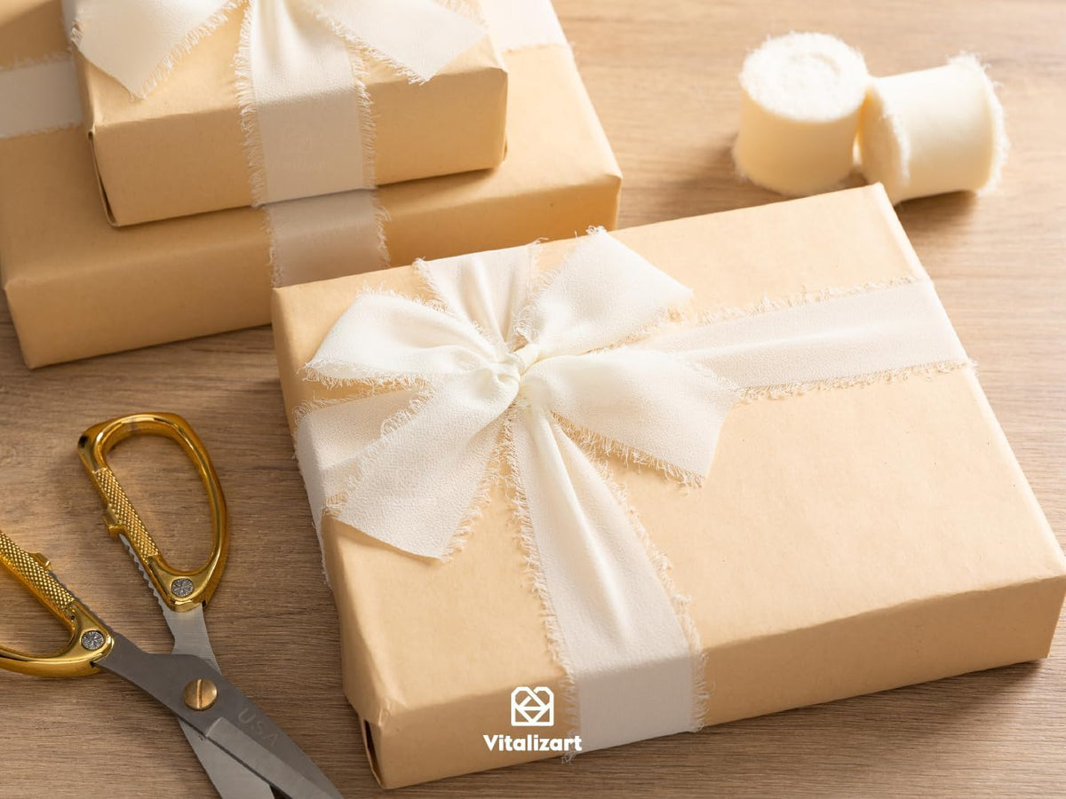 Vitalizart Cream White Handmade Chiffon Silk Ribbon Fringe 3 Rolls 1.5" x 21 Yd Ivory Frayed Edges Ribbons for Wedding Invitations Bridal Bouquets Gifts Wrapping Crafts Holiday Decor 🍁 All In One Marketplace Canada