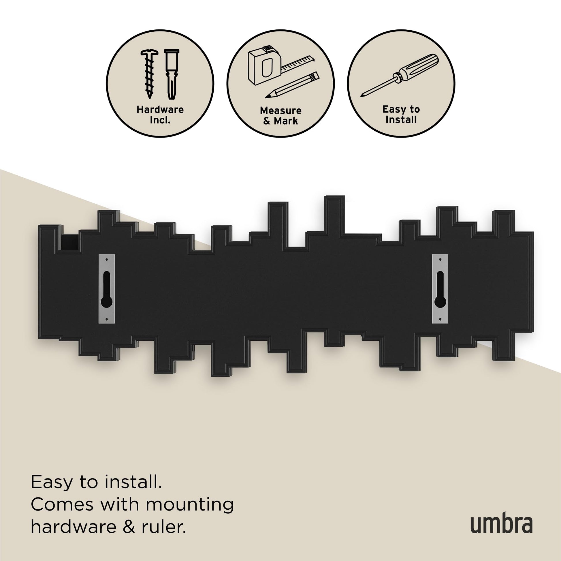 Umbra Sticks Wall-Mounted Coat Rack Rail Hook with 5 Retractable Pegs – Modern, Space-Saving Storage Organizer, Black Umbra