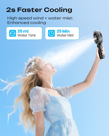 Otlonpe Handheld Misting Fan Portable, Powerful 4 High Speeds Rechargeable Small Hand Held Fan Water Mist, 4000mAh Battery Operated, Foldable, Lanyard, Personal Cooling for Travel (BLACK) - Available at All In One Marketplace Canada