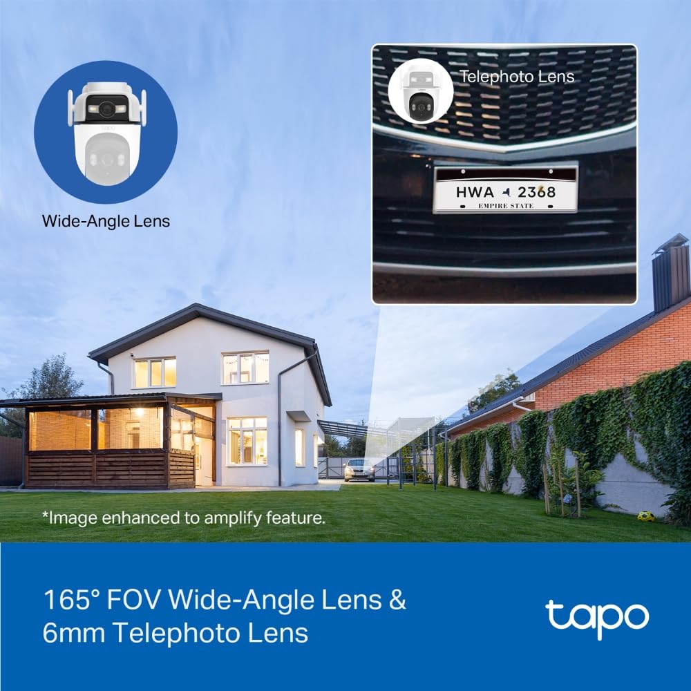 Tapo Outdoor Dual-Lens Wi-Fi Security Camera, 2K 3MP Pan/Tilt, AI Detection, 165° Wide-Angle + Telephoto Lens, Night Vision, 2-Way Audio, Ethernet Support, Works with Alexa & Google Home (Tapo C545D)