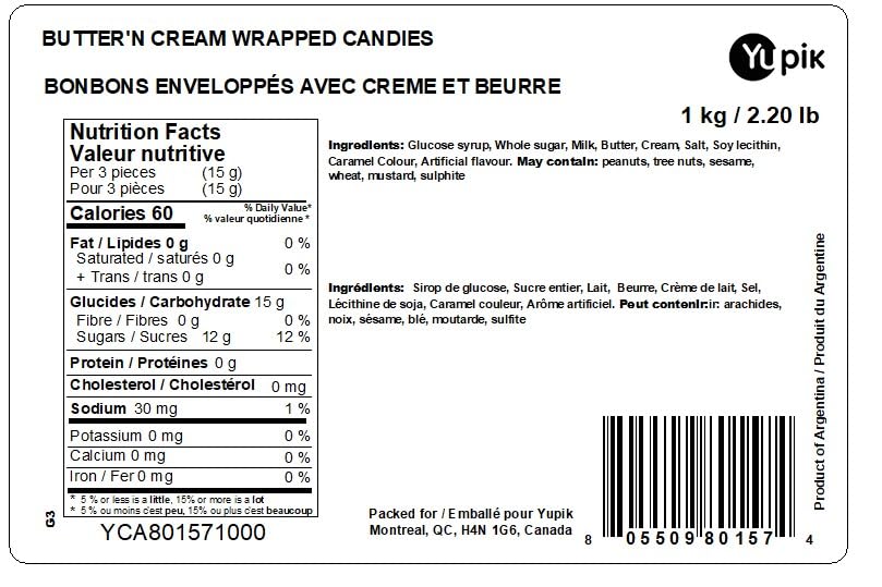 Yupik Butter'n Cream Candies, 1 kg, Individually Wrapped, Hard Candy, Rich & Creamy Butter Toffees, Sweet Flavor, Delicious Snacks, Ideal for Gifting, Halloween & Holidays