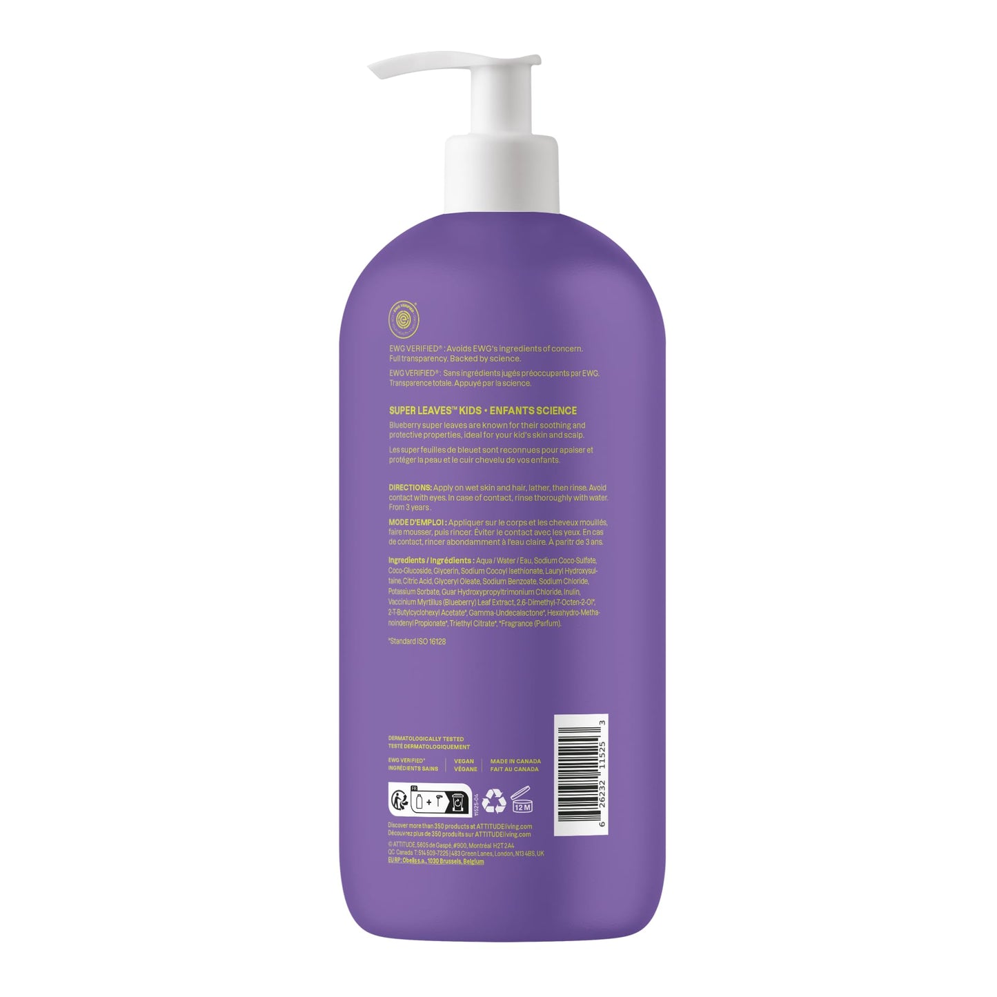 ATTITUDE Shampoo and Body Wash for Kids, Made in Canada, EWG Verified Hair and Body Cleanser, Dermatologically Tested Soap, Plant and Mineral Based Bath Products, Vegan, Vanilla & Pear, 946 mL
