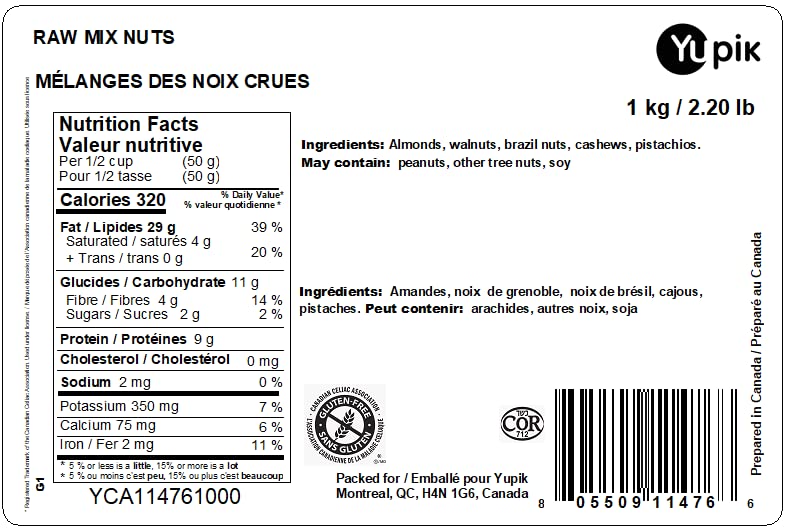 Yupik Raw Mixed Nuts 1kg - Almonds, Walnuts, Brazil Nuts, Cashews & Pistachios | Kosher, Gluten Free, High Fiber