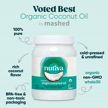 Nutiva Organic Cold-Pressed Virgin Coconut Oil, 1.6 L | Organic, Non-GMO, Fair Trade | Vegan, Keto, Paleo | Fresh Coconut Flavor and Aroma for Cooking & Healthy Skin and Hair