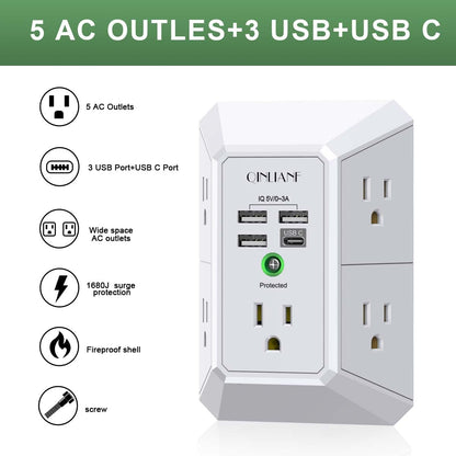 Wall Charger, Surge Protector, QINLIANF 5 Outlet Extender with 4 USB Charging Ports (4.8A Total) 3-Sided 1680J Power Strip Multi Plug Adapter Spaced for Home Travel Office (3U1C)