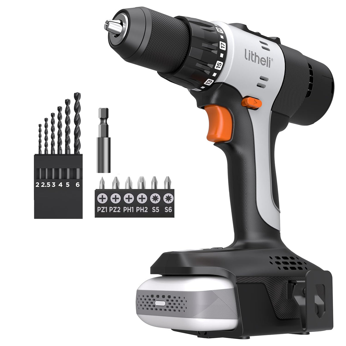 Litheli 20V Cordless Drill Driver, Electric Power Drill with 2 Variable Speed Settings, 1/2 Inch Keyless Chuck, 21+1 Clutch Settings with Maximum Torque of 443 in-lbs