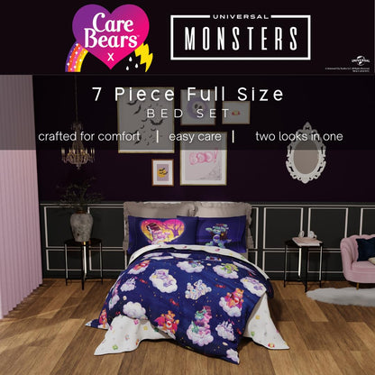 Franco Care Bears x Universal Monsters Halloween Bedding 7 Piece Super Soft Cozy Reversible Comforter and Sheet Set with Sham, Full, (Officially Licensed Product)