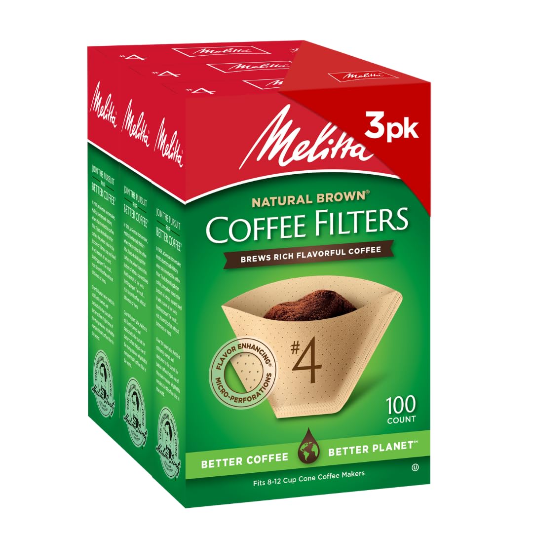 Melitta #4 Cone Coffee Filters, Unbleached Natural Brown, 100 Count (Pack of 3) 300 Total Filters Count - Packaging May Vary