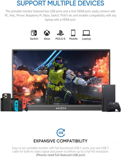 ARZOPA Portable Monitor 15.6'' FHD 1080P Kickstand Portable Laptop Monitor IPS Computer External Screen USB C HDMI Display for PC MAC Phone Xbox PS5 - A1 - Available at All In One Marketplace Canada