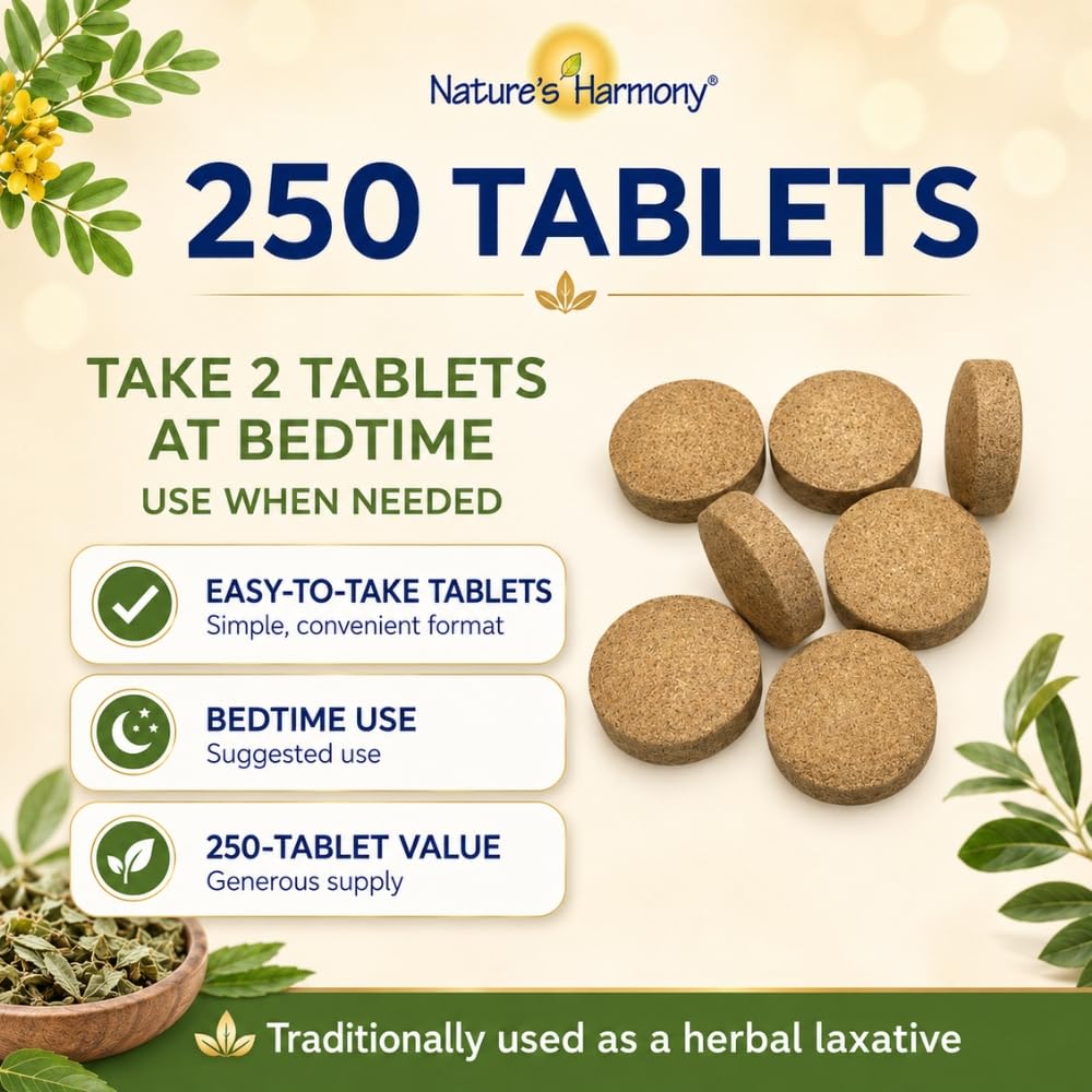 Nature’s Harmony Stomach Ease – Herbal Laxative for Digestive Comfort & Bowel Regularity – Senna, Cascara & Peppermint – 250 Tablets 🍁 All In One Marketplace Canada
