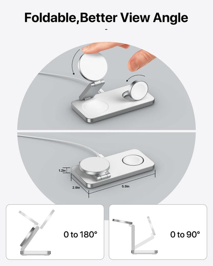 EXW Foldable 3 in 1 Wireless Charging Station for iPhone and Apple Watch,Compatible with Magsafe Charger Stand,Travel Bedside Fast Wireless Charger for iPhone 17e 17 Air 16 15 14 13 12 Series, Airpods