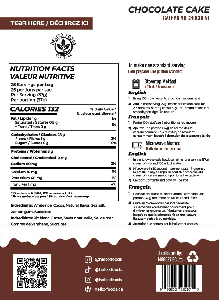 Helixx Foods, Cream of Rice, Chocolate Cake, Product of Canada, 925g/2.03lbs