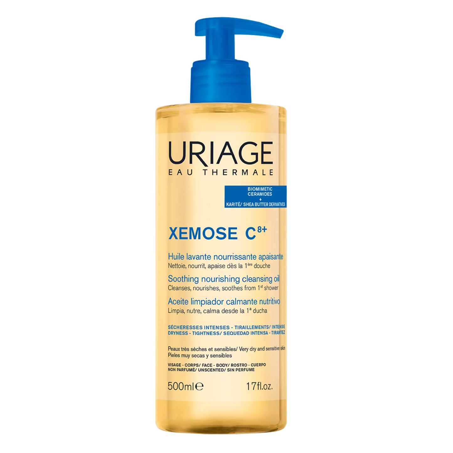 Uriage Xémose Cleansing Soothing Oil - Face & Body Cleanser & Shower Gel - Long-Lasting Comfort For Dry, Sensitive Skin Prone to Atopic Eczema - Soap-free, Fragrance-free For Your Whole Family - 500ml Uriage
