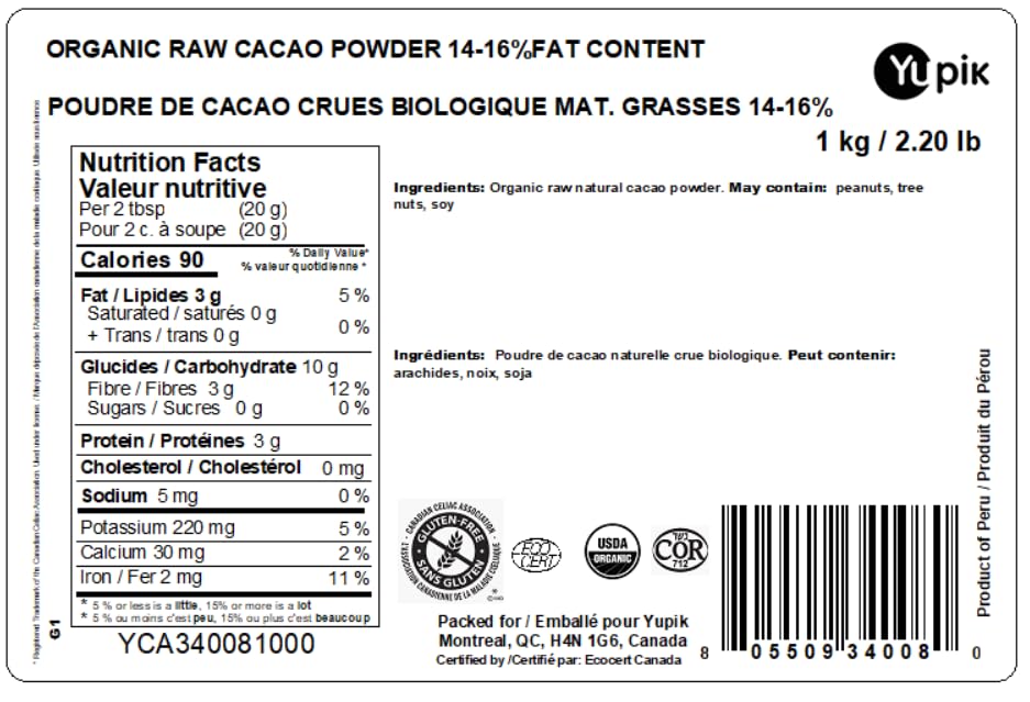 Yupik Organic Raw Cacao Powder 1kg – USDA Certified, Non-GMO, Vegan & Gluten-Free