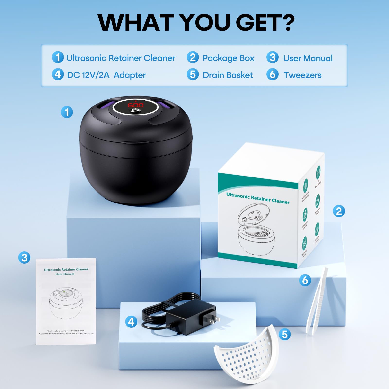 Upgraded Ultrasonic Retainer Cleaner Machine, 45kHz Ultrasonic Dentures Cleaner for Night Guards, Braces, Aligner, Toothbrush, Jewelry and More, 200ML Capacity, Black1 - Available at All In One Marketplace Canada