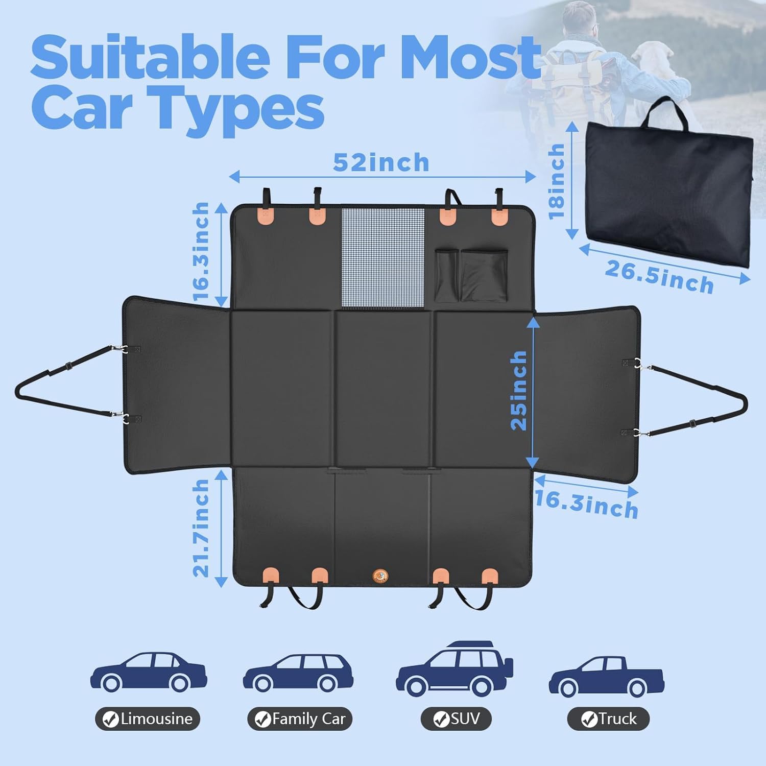 MYJAQI Back Seat Extender for Dogs, Waterproof Dog Car Seat Cover with Hard Bottom, Premium PU Leather, Anti-Scratch, Non-Slip, Easy to Clean, Supports Large Dogs Up to 400 lbs