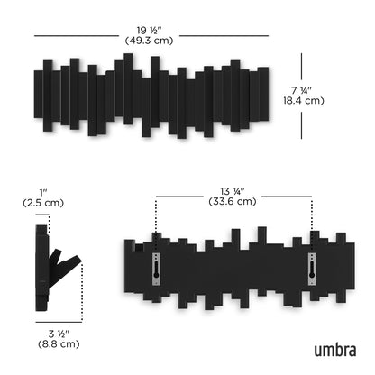 Umbra Sticks Wall-Mounted Coat Rack Rail Hook with 5 Retractable Pegs – Modern, Space-Saving Storage Organizer, Black Umbra