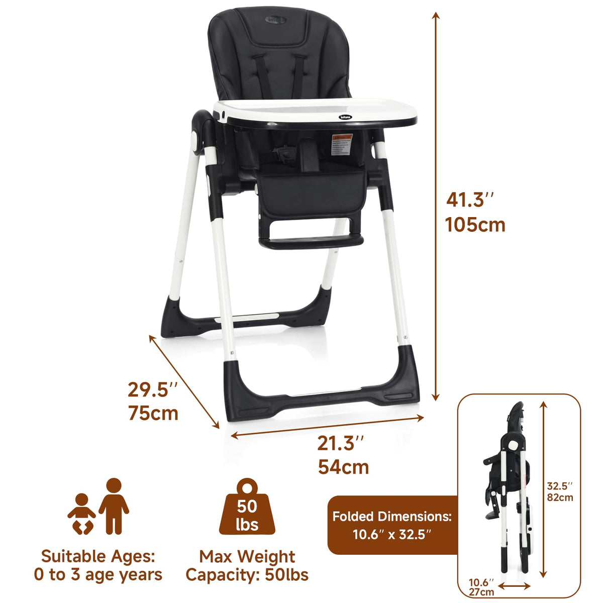 INFANS High Chair for Babies & Toddlers, Foldable Highchair with Multiple Adjustable Backrest, Footrest and Seat Height, Removable Tray, Detachable PU Leather Cushion, Built-in Rear Wheels (Black) (Black)