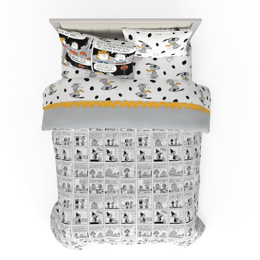 Parure de lit deux places Peanuts Halloween – Ensemble 5 pièces réversible, ultra doux et confortable, avec couette et draps à l'effigie de Snoopy et Charlie Brown (produit officiel Peanuts) par Franco