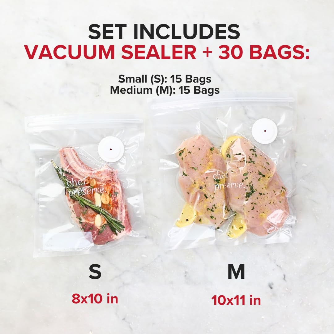 Chef Preserve Compact Vacuum Sealer for Food (Vacuum Sealer Machine + 30 Reusable Vacuum Bags) Powerful Handheld Vacuum Sealer Machine, Seal Meal Saver, Portable Food Sealer - Available at All In One Marketplace Canada