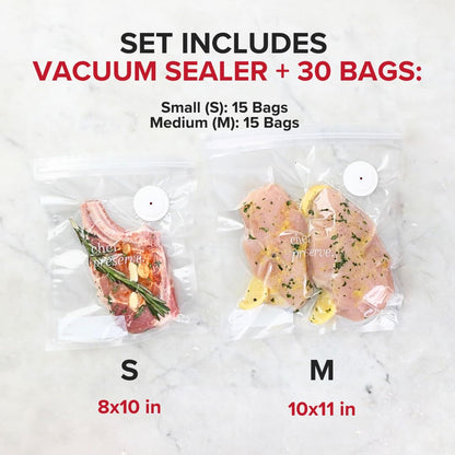 Chef Preserve Compact Vacuum Sealer for Food (Vacuum Sealer Machine + 30 Reusable Vacuum Bags) Powerful Handheld Vacuum Sealer Machine, Seal Meal Saver, Portable Food Sealer - Available at All In One Marketplace Canada