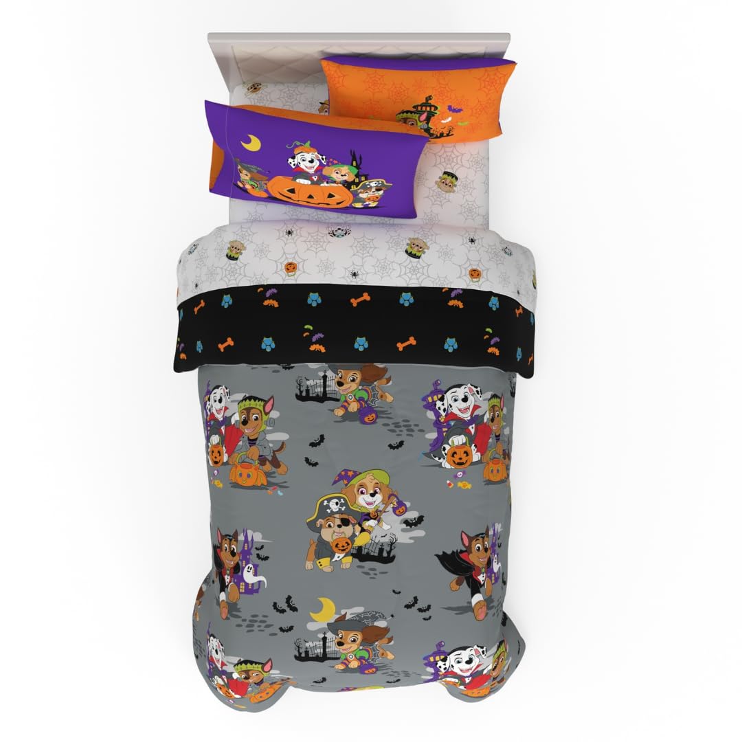 Parure de lit 5 pièces pour enfants Halloween Pat' Patrouille, ensemble de couette réversible et draps ultra-doux et confortables avec taie d'oreiller, lit simple, (produit sous licence officielle) par Franco