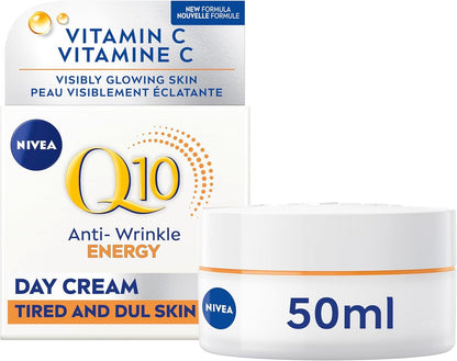 NIVEA Q10 Energy Anti-Wrinkle Day Face Cream, Anti Wrinkle Firming Cream with Q10, Vitamin C and E, Face Moisturizer for Tired Looking Skin, Visibly Reduces the Look of Wrinkles, 50mL NIVEA
