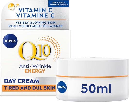 NIVEA Q10 Energy Anti-Wrinkle Day Face Cream, Anti Wrinkle Firming Cream with Q10, Vitamin C and E, Face Moisturizer for Tired Looking Skin, Visibly Reduces the Look of Wrinkles, 50mL NIVEA