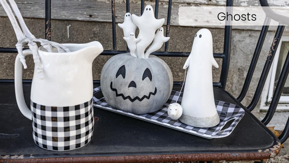 Boston International Halloween Figurine Tabletop Mantel Shelf Fall Autumn Decorations for Home, 7" x 10", Ghost & Jack-O-Lantern