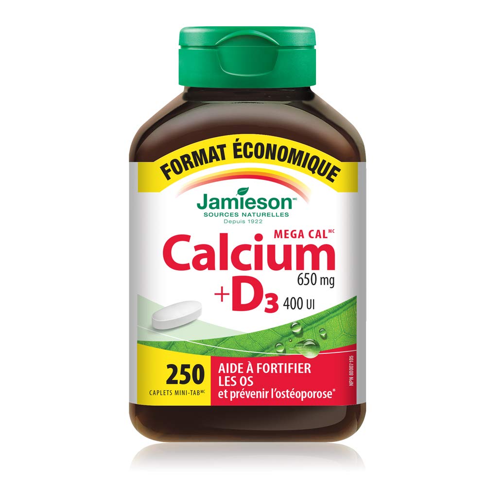 Jamieson Mega Cal Calcium 650 mg with Vitamin D3 400 IU, High Absorption, 5 Calcium Sources, Supports Bone Health, Helps Prevent Osteoporosis and Prevent Bone Loss. Easy to Swallow, Vegetarian, Non-GMO, Gluten-Free, 250 Caplets, Proudly Canadian Jamieson