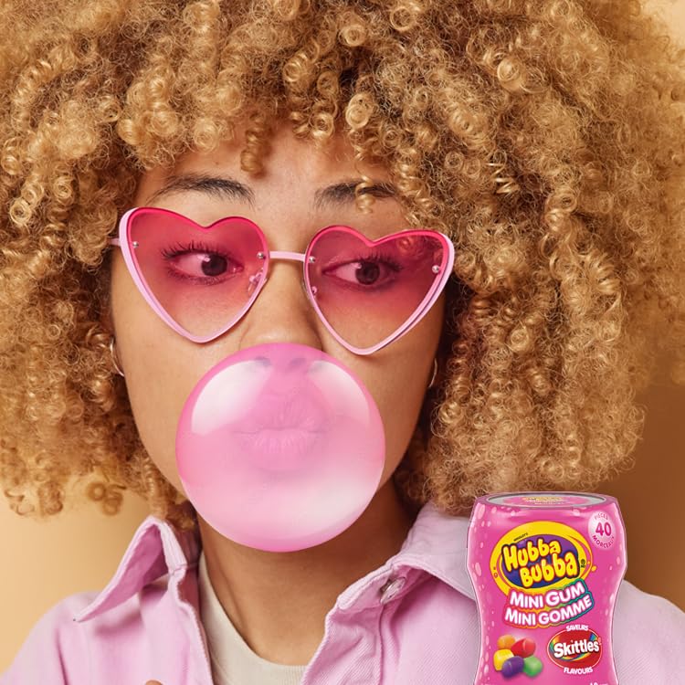 HUBBA BUBBA Minis, SKITTLES Flavoured, Sugar-Free Bubble Gum Resealable Bottle, 40 pieces, 6 Packs