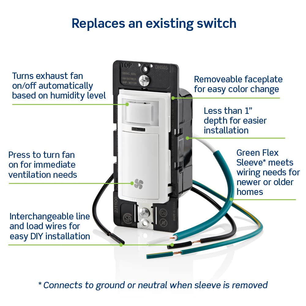 Leviton Humidity Sensor Switch for Bathroom Exhaust Fan, automate Ventilation, air Circulation, Moisture Control, ¼ HP, Single Pole, DHS05-1LW, White Leviton