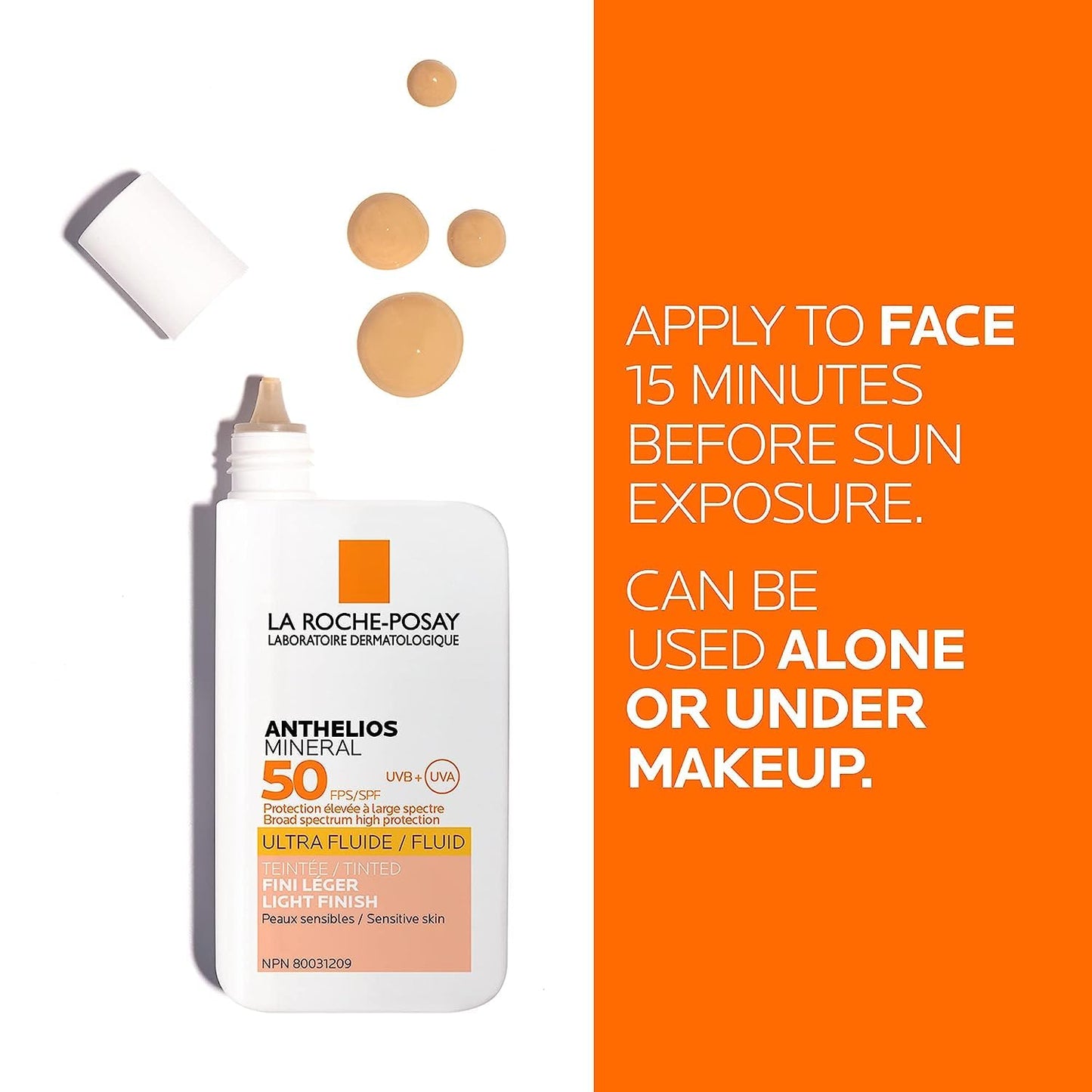 La Roche-Posay Face Sunscreen, Anthelios Tinted Mineral Ultra-Fluid SPF 50 Lotion UVA-UVB Sun Protection, Titanium Dioxide, 100% Mineral Filter, Fragrance Free, Water Resistant. Travel Size, 50ml