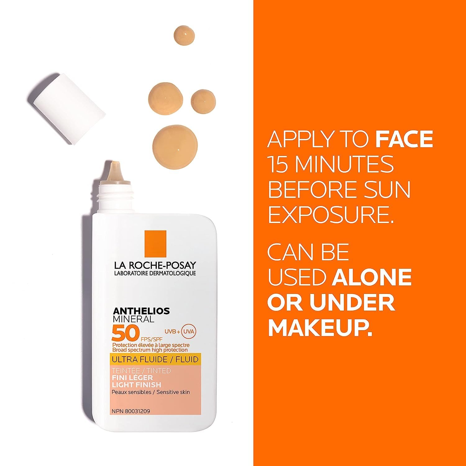 La Roche-Posay Face Sunscreen, Anthelios Tinted Mineral Ultra-Fluid SPF 50 Lotion UVA-UVB Sun Protection, Titanium Dioxide, 100% Mineral Filter, Fragrance Free, Water Resistant. Travel Size, 50ml