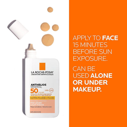 La Roche-Posay Face Sunscreen, Anthelios Tinted Mineral Ultra-Fluid SPF 50 Lotion UVA-UVB Sun Protection, Titanium Dioxide, 100% Mineral Filter, Fragrance Free, Water Resistant. Travel Size, 50ml
